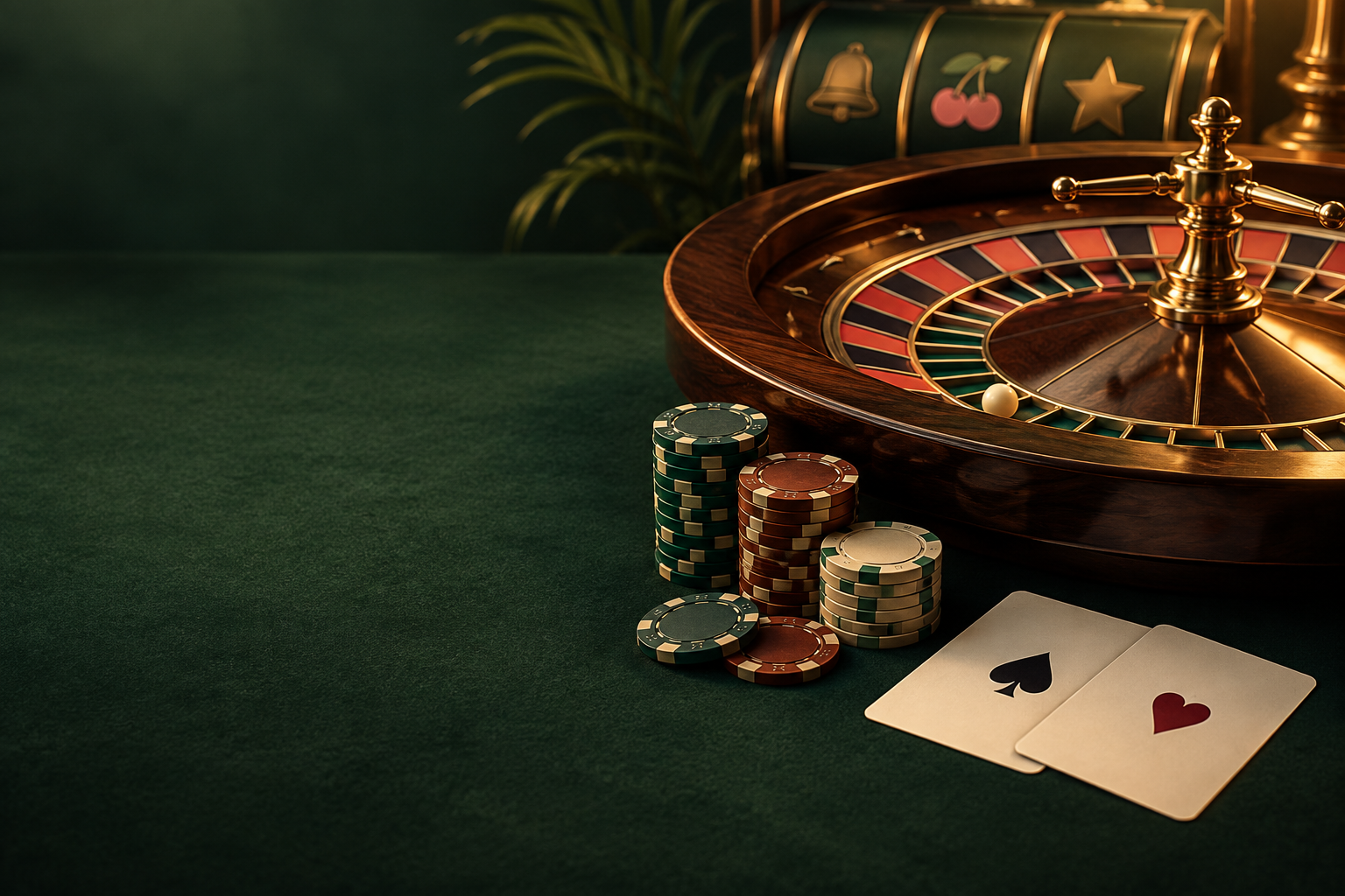 Ilustrasi meja roulette, kartu dan keping kasino dengan pencahayaan hangat