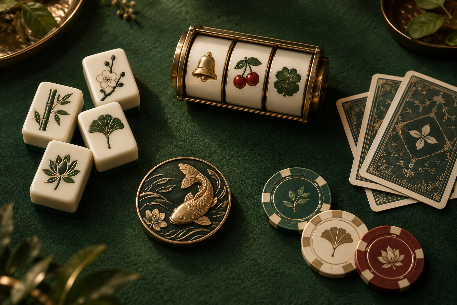 Ilustrasi ubin mahjong, gulungan slot, kartu dan keping pada meja kasino